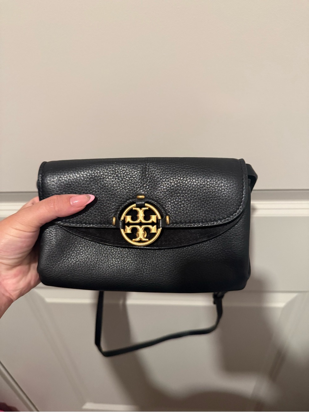 Tory Burch Black Pebbled Leather Crossbody with Gold Logo